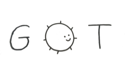 The word 'GOT' but with a smiling pufferfish as the 'O' letter.